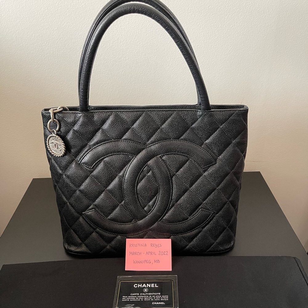 Authentic Chanel Caviar Timeless Medallion Tote in Silver Hardware
